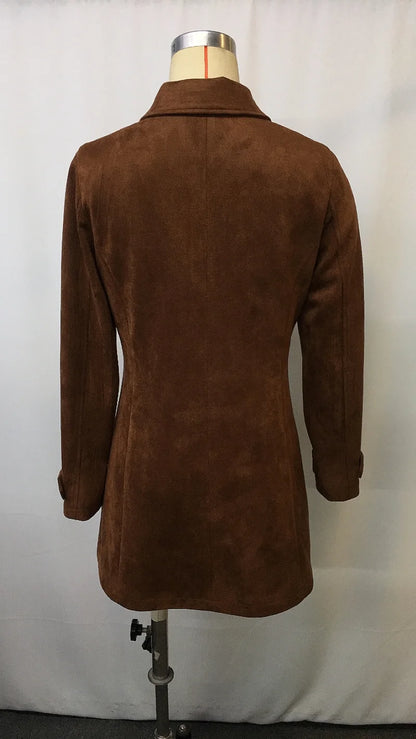 2025 Womens Vintage Suede Lapel Collar Mid Length Coat Jacket Classic Retro Trench Style Autumn Winter Warm Fashion Outerwear.