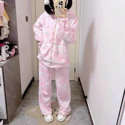 Japanese New Winter Sweet Cute Cartoon Rabbit Flannel Pajamas Set Daughter Girls Pink Thickened Loungewear Women's Sleepwear.