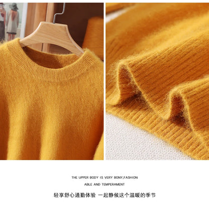 Women's Round-neck Mink Cashmere Sweater Soft Pullover Jumper Comfortable Knitted Top for Autumn Winter Pure Mink Material
