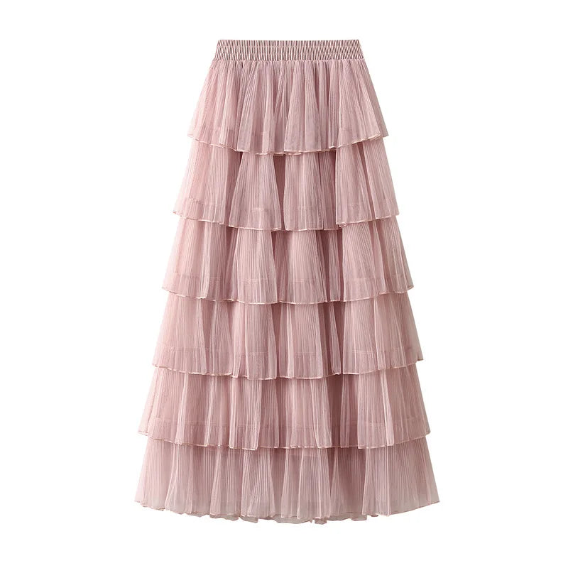 Beiyingni Woman Mesh Long Midi Cake Skirt Solid Color Elegant French Tiered Fairy Tulle Skirts Khaki Casual High Waist Faldas