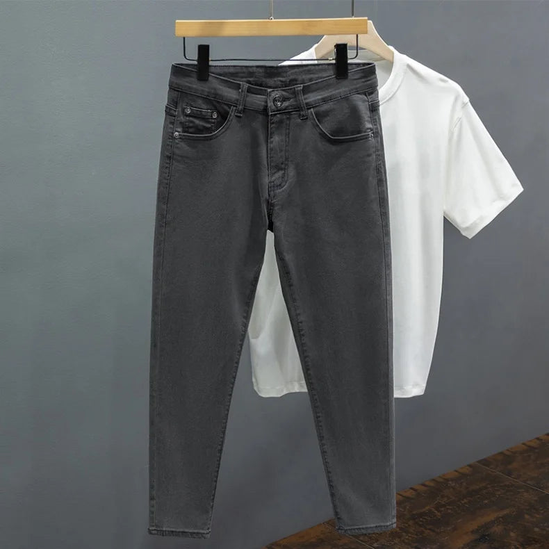 Men's Jeans Spring Summer Thin Slim Fit Elastic Cotton Soft Straight Denim Ankle Length Pants Korean Youth Fashion Trousers.