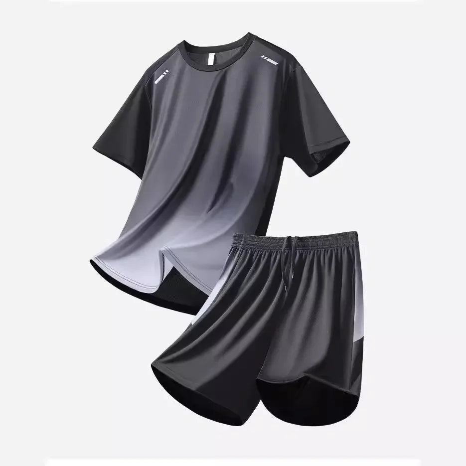 Men's Fitness Ice Silk Sports Suit Short Sleeve Training Room Basketball Morning Run Summer Outfit Shorts And T-shirt Set.