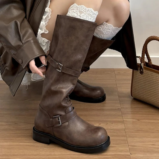 Vintage Belt Buckle Women Knee High Boots Elegant Low Heel Slip On Shoes Autumn Winter Ladies Knight Long Booties.