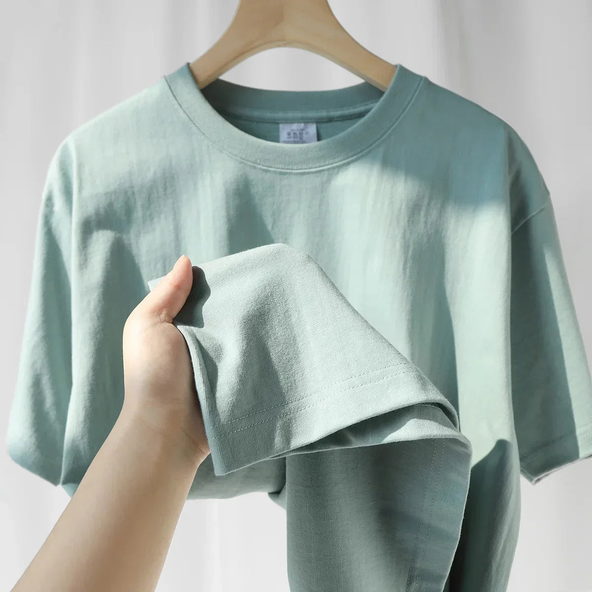 Summer Light Green Heavy Weight 300G Short Sleeved T-shirt Cotton  Men's Loose Casual Base Shirt Korean Tee Women's.