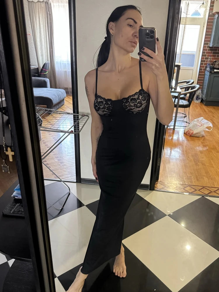 Seltsame Puss sexy Camis Kleid Frauen dünne Patchwork Brust Sommer elegante dünne elastische Stretch Maxi Bodycon Clubwear Vestidos.