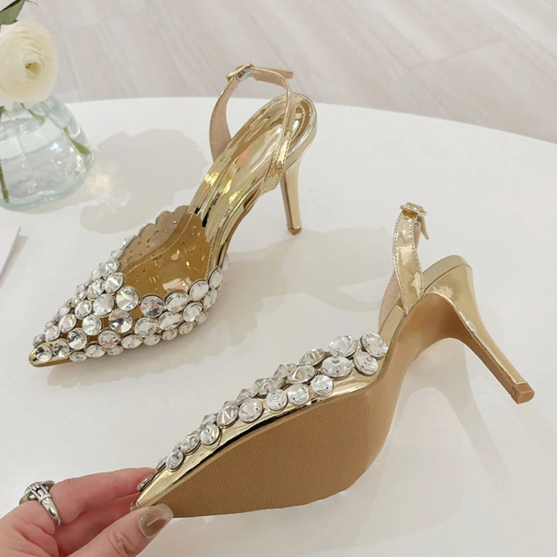 Liyke Elegant Pointed Toe Slingback Stiletto Sandals Crystal Diamonds Women Pumps High Heels Wedding Prom Shoes Zapatos Mujer.