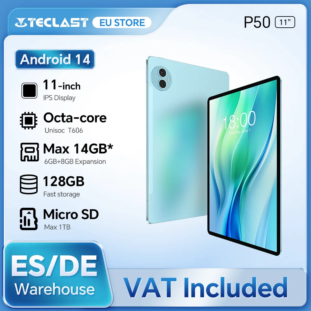 Teclast P50 Android 14 Tablet 11" IPS Max 14GB RAM 128GB ROM Unisoc T606 8-core 13MP Camera 8000mAh Type-C 4G LTE TÜV Rheinland.