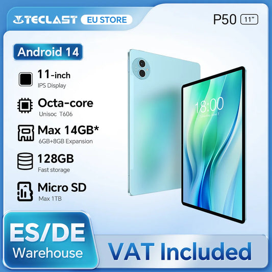 Teclast P50 Android 14 Tablet 11" IPS Max 14GB RAM 128GB ROM Unisoc T606 8-core 13MP Camera 8000mAh Type-C 4G LTE TÜV Rheinland.