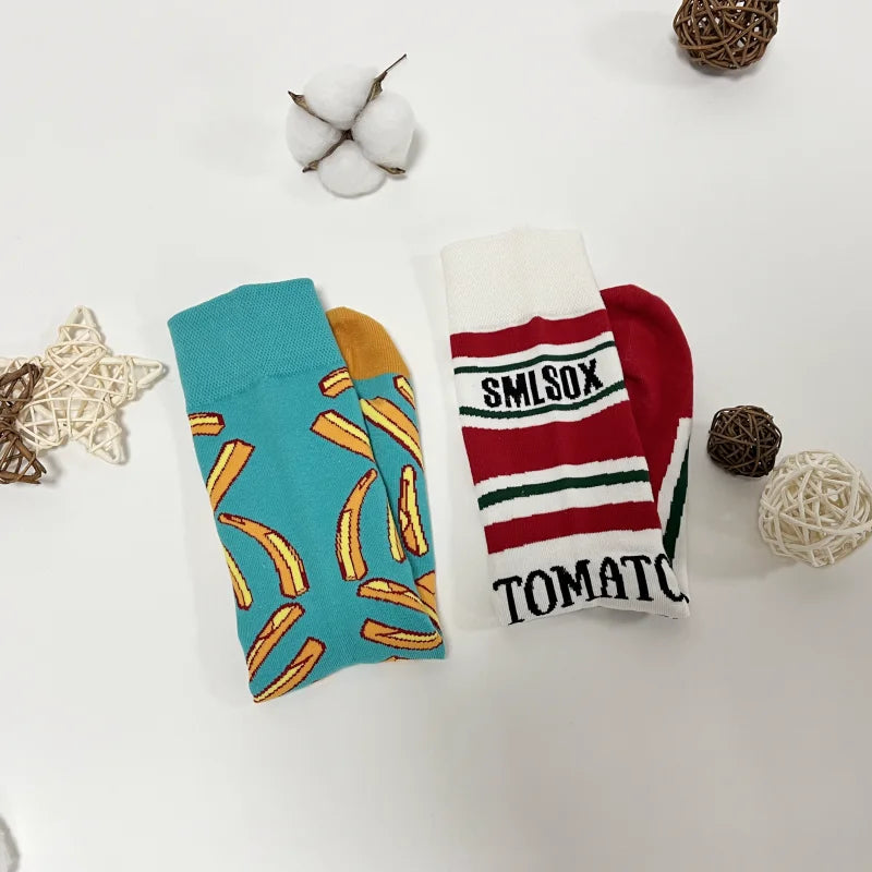 1 Pair Unisex Funny AB Style Tomato Ketchup French Fry Printed Mid-Calf Socks Suit In All Seasons.