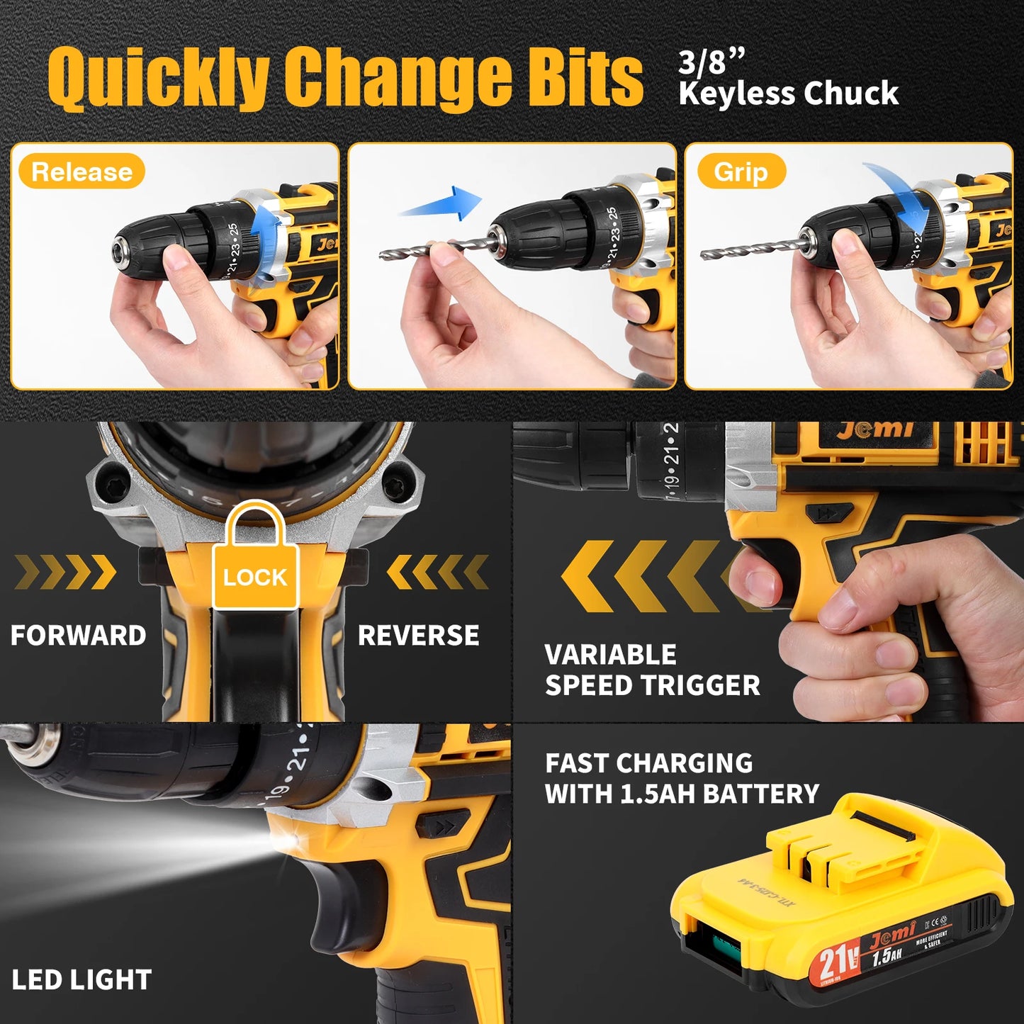 Jemi Tool 12 V/21 V Akku-Bohrschrauber, 45 Nm Schlagbohrmaschine, 25+3 Drehmomenteinstellung, mit 45 optionalen Zubehörteilen