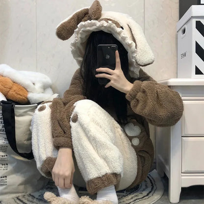 Cute Little Bear Pajamas for Women Thick Warm Fleece Home Wear Set Autumn Nightgown Girls 2025 New Winter Nightclothes 2Pcs.