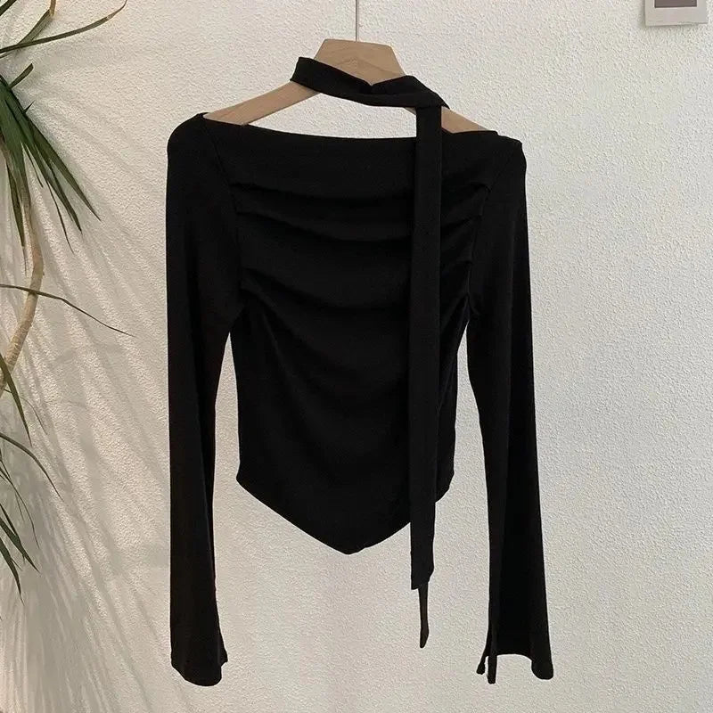 Elegant Long Sleeve Neck Hanging Sash Slim Fit T-Shirt Women's Red Black Other Pure Color Pleated Chic One Shoulder Top.