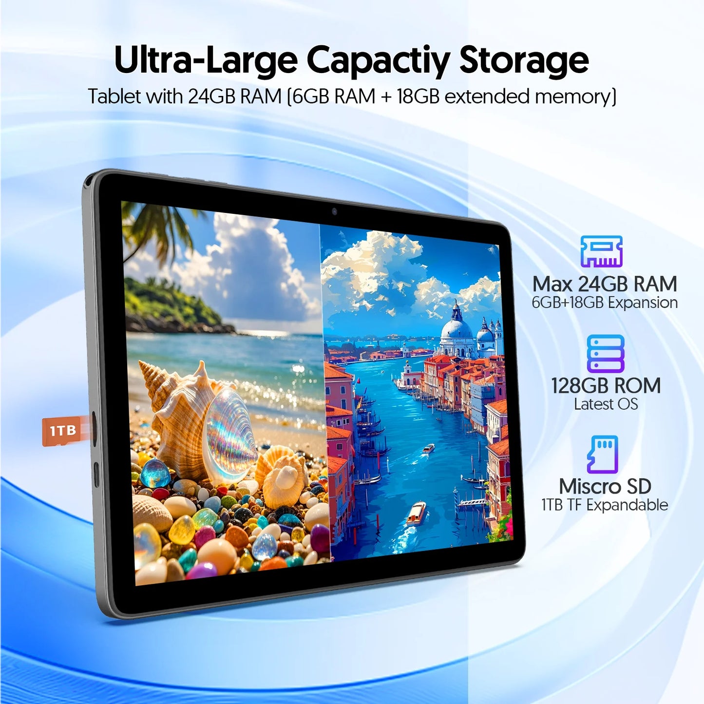 BAKEN 10-inch Android 15 tablet, A333 penta-core processor, 24GB (6GB + 18GB expansion) RAM + 128GB ROM, 5G WiFi, 8000mAh.