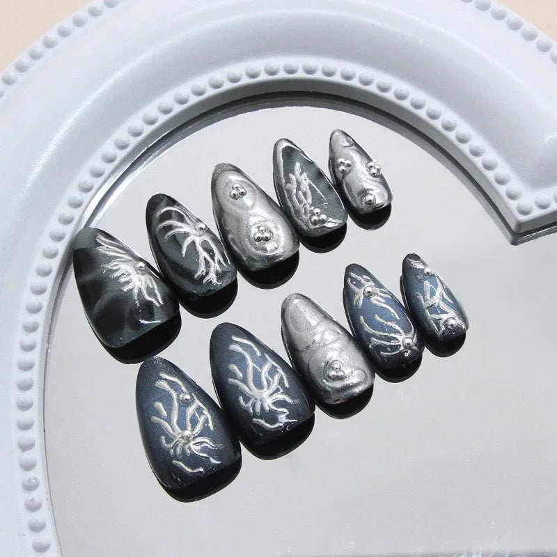 24Pcs Dark Press on Fake Nails with Black Glitter 3D Metallic Designs Sweet Cool Almond False Nails Detachable Nails Spice Girls.