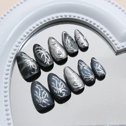 24Pcs Dark Press on Fake Nails with Black Glitter 3D Metallic Designs Sweet Cool Almond False Nails Detachable Nails Spice Girls.