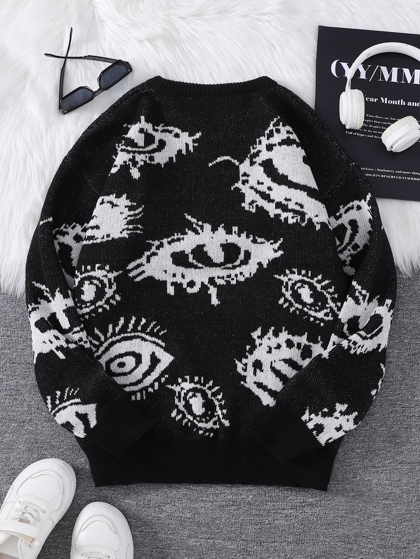 New Popular Autumn and Winter Abstract Eye Jacquard Pattern Pullover Sweater Casual Round Neck Knitted Men's Pullover.