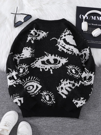 New Popular Autumn and Winter Abstract Eye Jacquard Pattern Pullover Sweater Casual Round Neck Knitted Men's Pullover.
