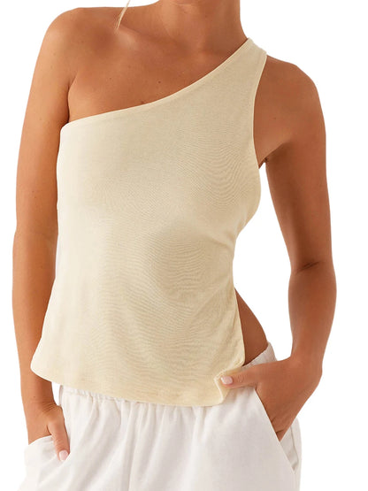 Off One Shoulder Tank Tops for Women Solid Stylish Side Tie Design Summer T-Shirt.