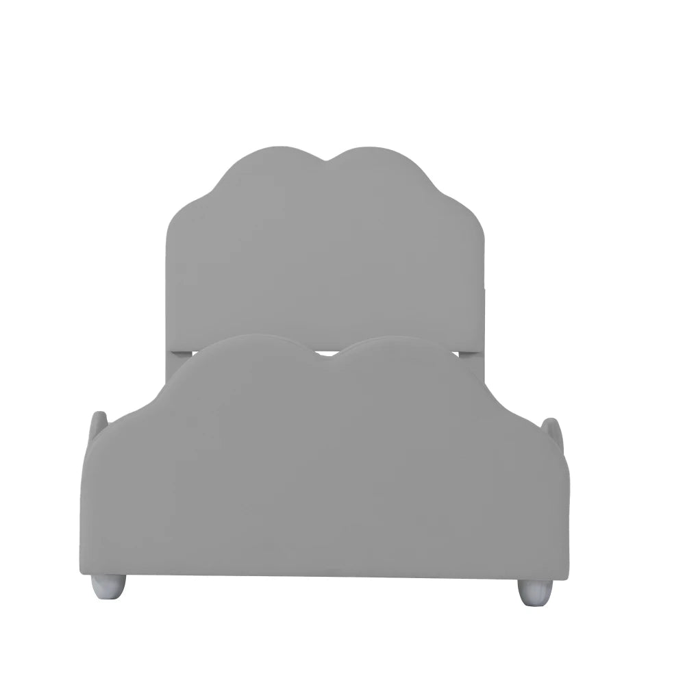 Kinderbett 90 x 200 cm hohes Geländer, Kinderbettgestell mit wolkenförmigem Kopf und Fußteil, Bett aus hautfreundlichem Samt