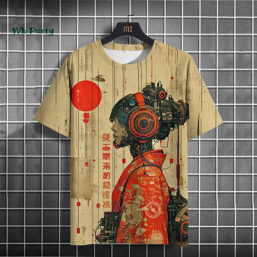 Japanese Men's T-Shirt 3D Cyber Mechanical Pattern Short Sleeve T-Shirt Oversized Harajuku Top Summer Men's Street Casual Tshirt.