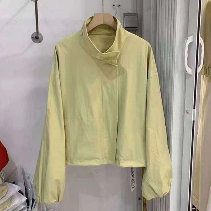 Straße Solide Zipper Dünne Jacke Frauen Stehen Kragen Volle Hülse Kordelzug Straße Jacken 2025, Herbst Dame Casual Outwears Neue.