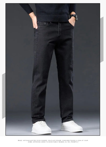 Male Brand Jeans Clothing Light Luxury Stretch Looes Fit Pants Comfortable Soft Business Fashion Straight Casual Denim Trousers.
