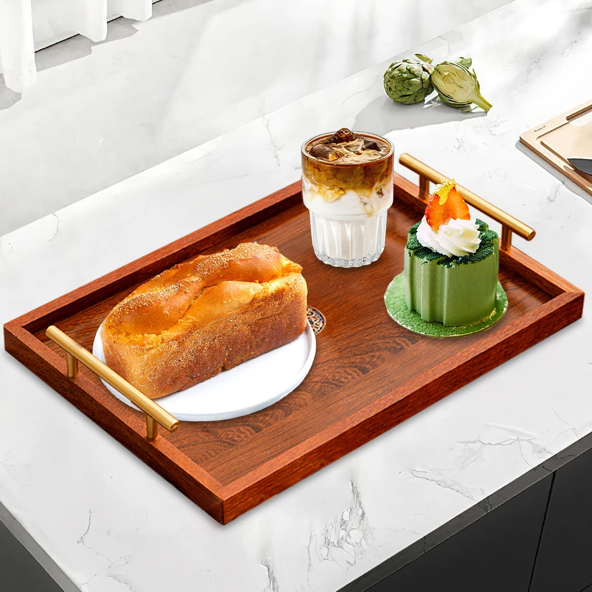Luxury Wooden Food Tray with Gold Handles (S/M/L) - Coffee Table & Kitchen Decor for Breakfast, Dinner & Bedroom Use.
