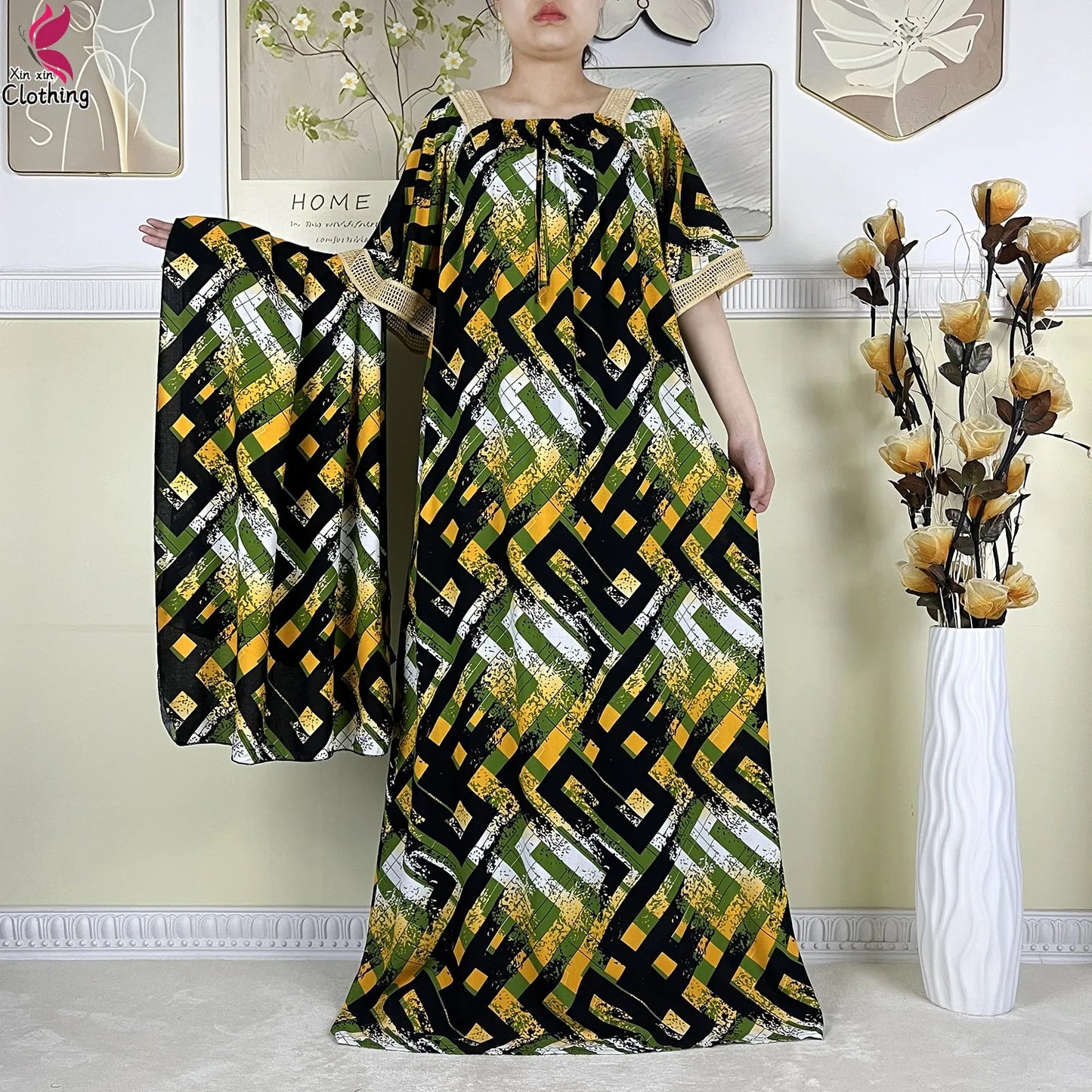 New Muslim Dubai Elegant Dress Summer Short Sleeve African Abaya Printing Cotton Loose Femme Robe Islamic Dresses With Scarf