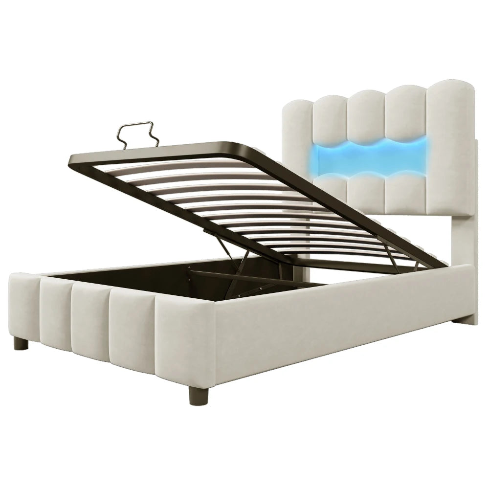 Modernes Polsterbett, 90 x 200 cm, ohne Matratze, LED-Beleuchtung, mit hydraulischem Gerät, verstellbarer Kopfteil, Samt, Grau