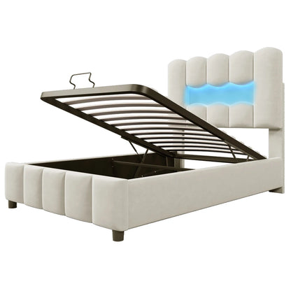 Modernes Polsterbett, 90 x 200 cm, ohne Matratze, LED-Beleuchtung, mit hydraulischem Gerät, verstellbarer Kopfteil, Samt, Grau