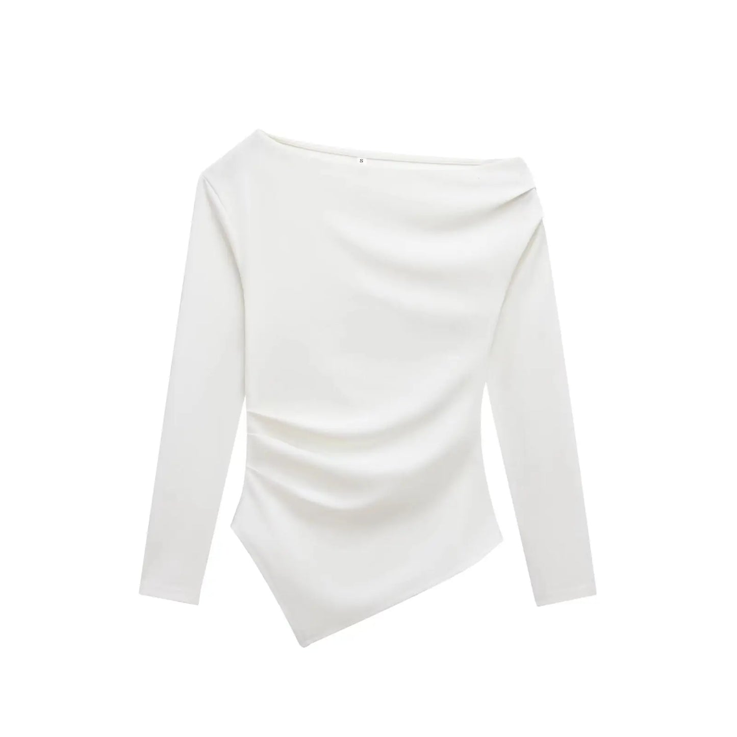 HH Spring Woman Fashion Pleated Decoration Casual Slim Elasticity Top Women Solid 5-Color Asymmetrical Slant Collar Tops