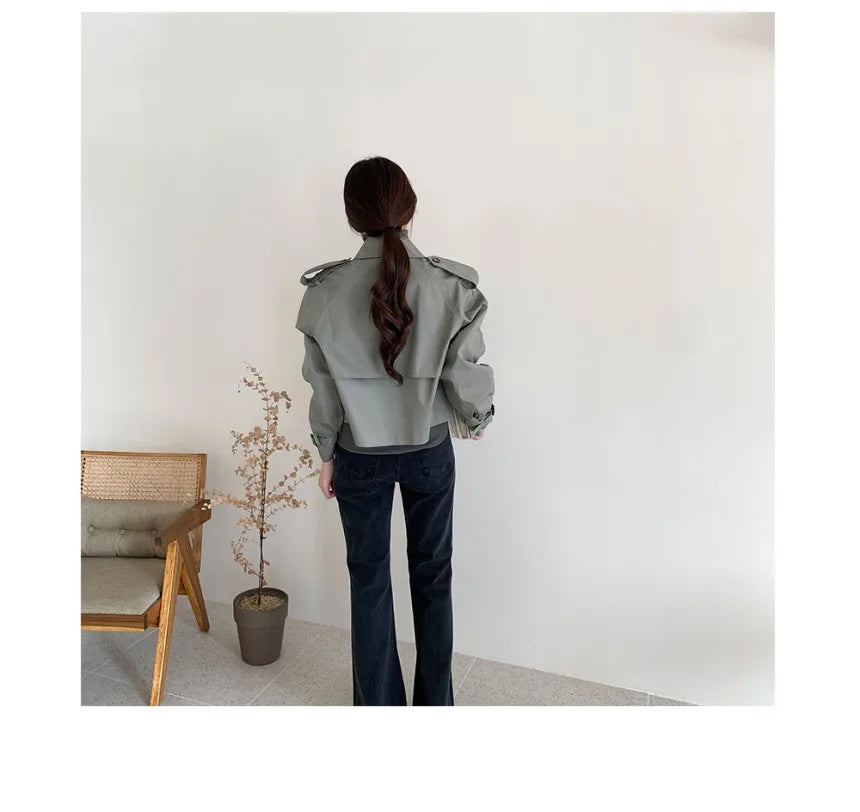 Vintage Zweireiher Graben Jacken Frauen Lose Chic Büro Dame Crop Tops Herbst Weibliche Mäntel Alle-spiel Lose Windjacke