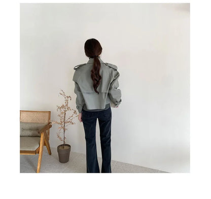 Vintage Zweireiher Graben Jacken Frauen Lose Chic Büro Dame Crop Tops Herbst Weibliche Mäntel Alle-spiel Lose Windjacke