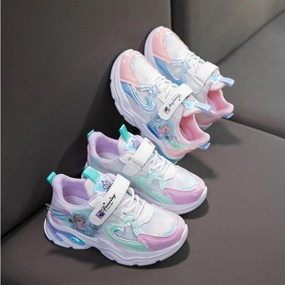Disney Girls' Casual Shoes Frozen Priness Elsa Sneakers Mesh Leather White Breathable Sole Children's Sport Shoes Size 26-37