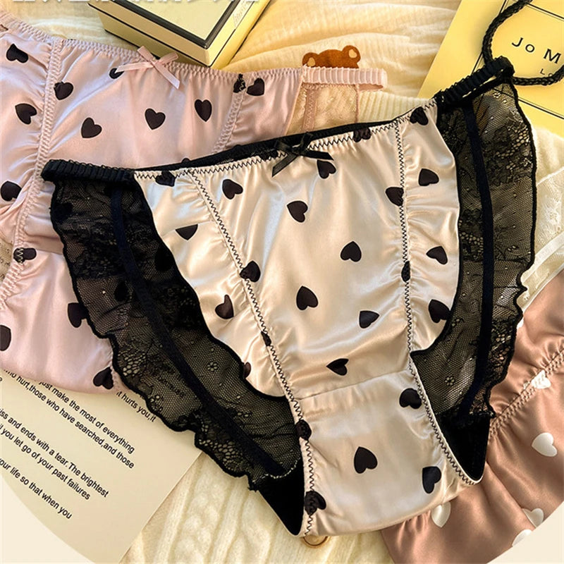 Sexy lingerie women Satin tangas lace ropa interior femenina sweet calzones para mujer plus size panties heart underwear women.