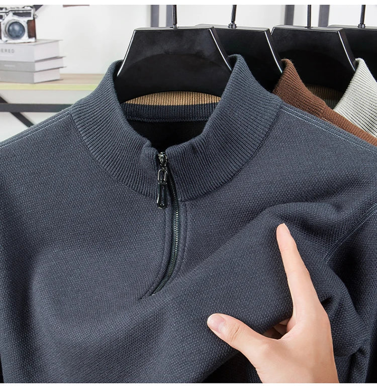 High Quality Velvet Thickening Sweater Bottoming Shirt, Men's Half Zip Pullover, Casual Loose New Warm T-shirt, Knitwear.