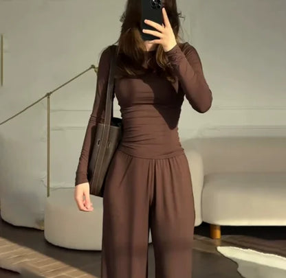 Solid Color Top Women Set Slim Fit Long Sleeved O-neck Top Pleated Straight Pocket Pants 2025 Spring/summer Vacation Women's Set.