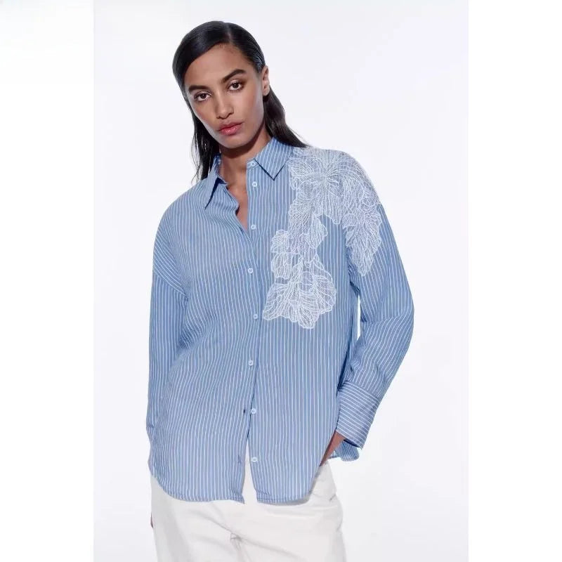 Spring 2024 New Arrival Women's irt Embroidered Flower Decorated Stripe Casual Loose Fit Long Sve Button up Polyester Fiber.