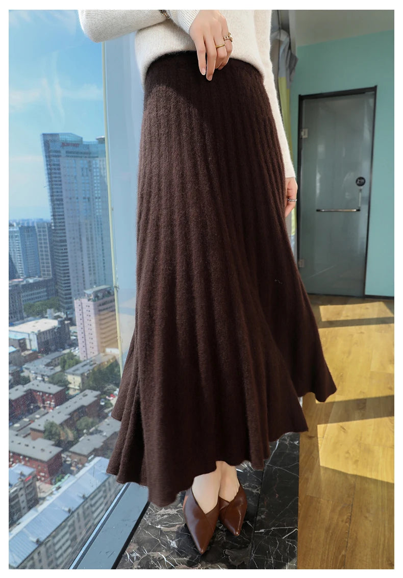 Autumn And Winter Fashion Mink Cashmere Mid Length High Waist Skirt For Women, Knitted Umbrella Skirt, Fashionable Pleated Skirt