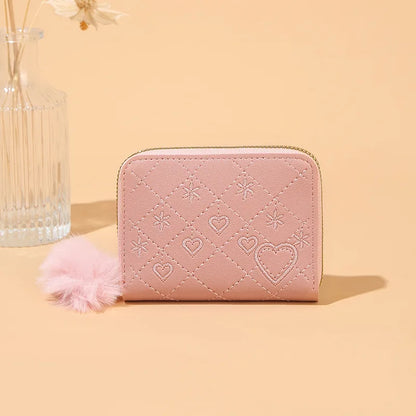 Women Fashion Zipper Wallet with Hairballs Simple Versatile Short Coin Purse Multi-Functional Multi-Card Slot Card Bag
