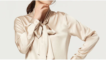 Heavyweight Mulberry Silk Shirt Women's 2025 Spring And Autumn New Long Sleeve Satin Silk Blouse V-neck Bow Ribbon Shirt