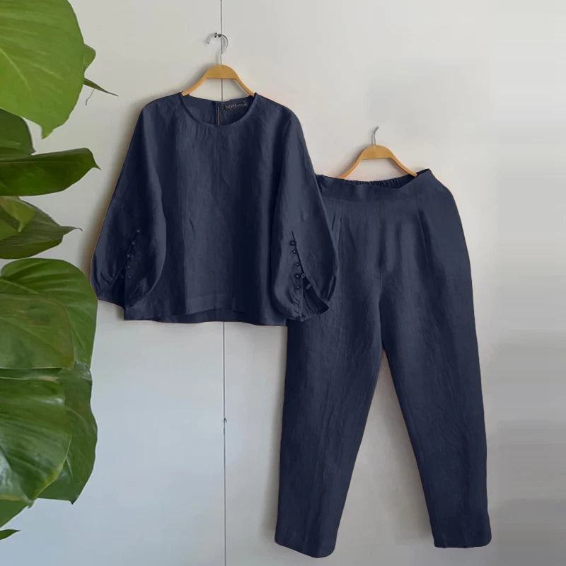 Fashion Women Two Piece Outfit ZANZEA Long Sleeve Top 2025 Autumn Casual High Waist Long Pants Sets Solid 2PCS Suits Tracksuit