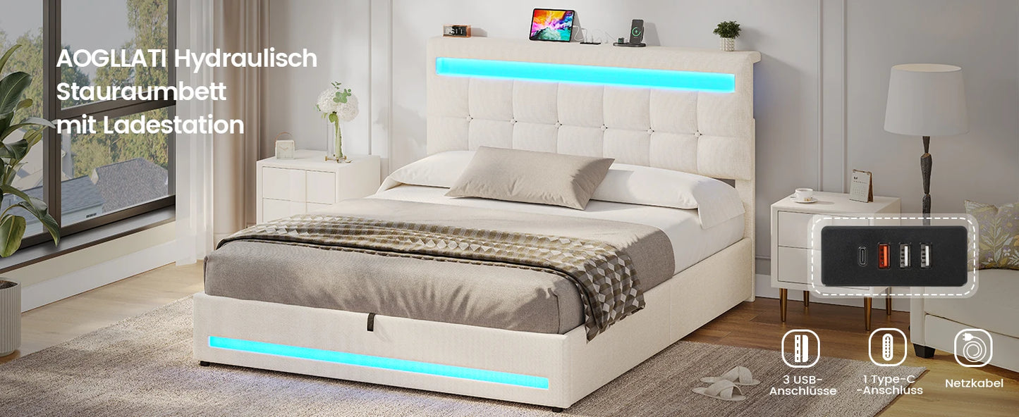 140 x 200 cm großes Polsterbett mit Doppelbettrahmen und LED-Beleuchtung und Ladestation. Kopfteil inklusive schwebendem Bettdesign