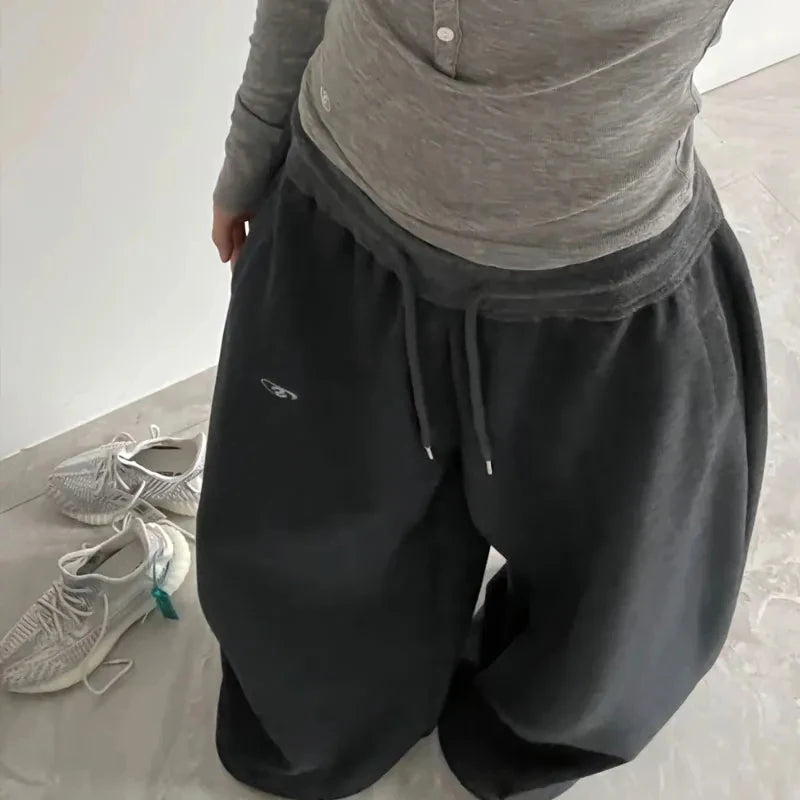 Oversize Cotton Pants Woman Y2K Casual Drawstring Trousers Korean Streetwear High Waist All Match Jogger Pants Grey Sweatpants