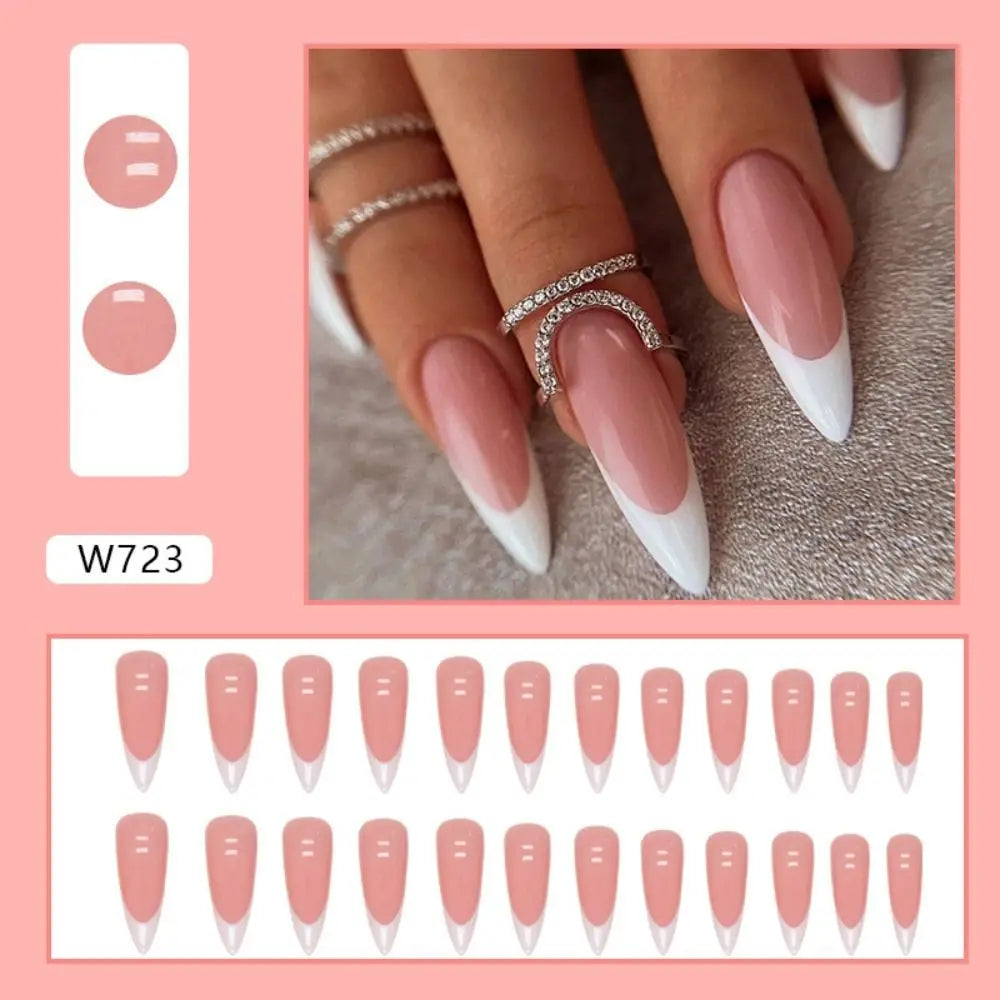 24pcs Long Stiletto French Fake Nails White Edge Simple Aurora False Nails Full Cover Press on Nails DIY Detachable Manicure.