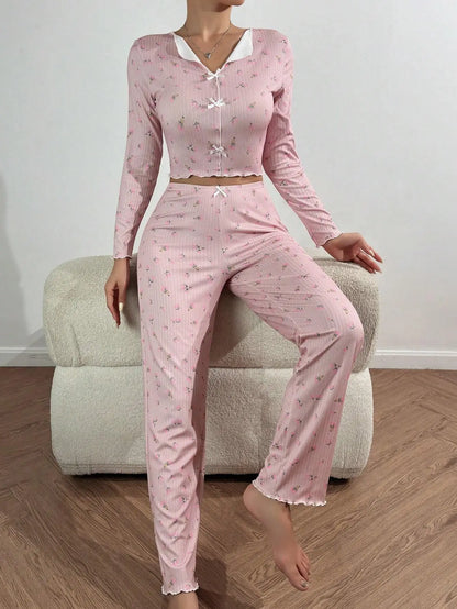 Y2K Nette Floral Gerippte Pyjama Set Frauen Langarm V-ausschnitt Zwei Stück Nachtwäsche Homewear Herbst Winter Bogen Salat Trim Neue Heiße.