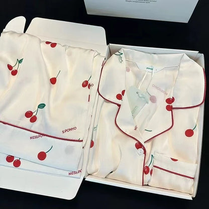 2023 frühling Herbst Neue Eis Seide 2 Stück Pyjamas für Frauen Mode Strickjacke frauen Pyjamas Süße Druck Loungewear Frauen set.