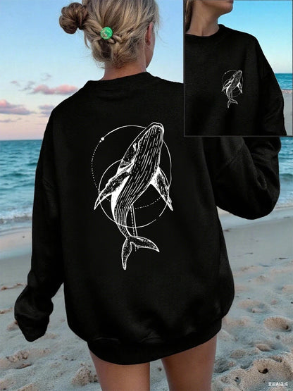 Humpback Whale Printing Sweatshirts Women Casual Crewneck Hoodies Winter Fleece Warm Pullover Loose Comfortable Womans Clothes.