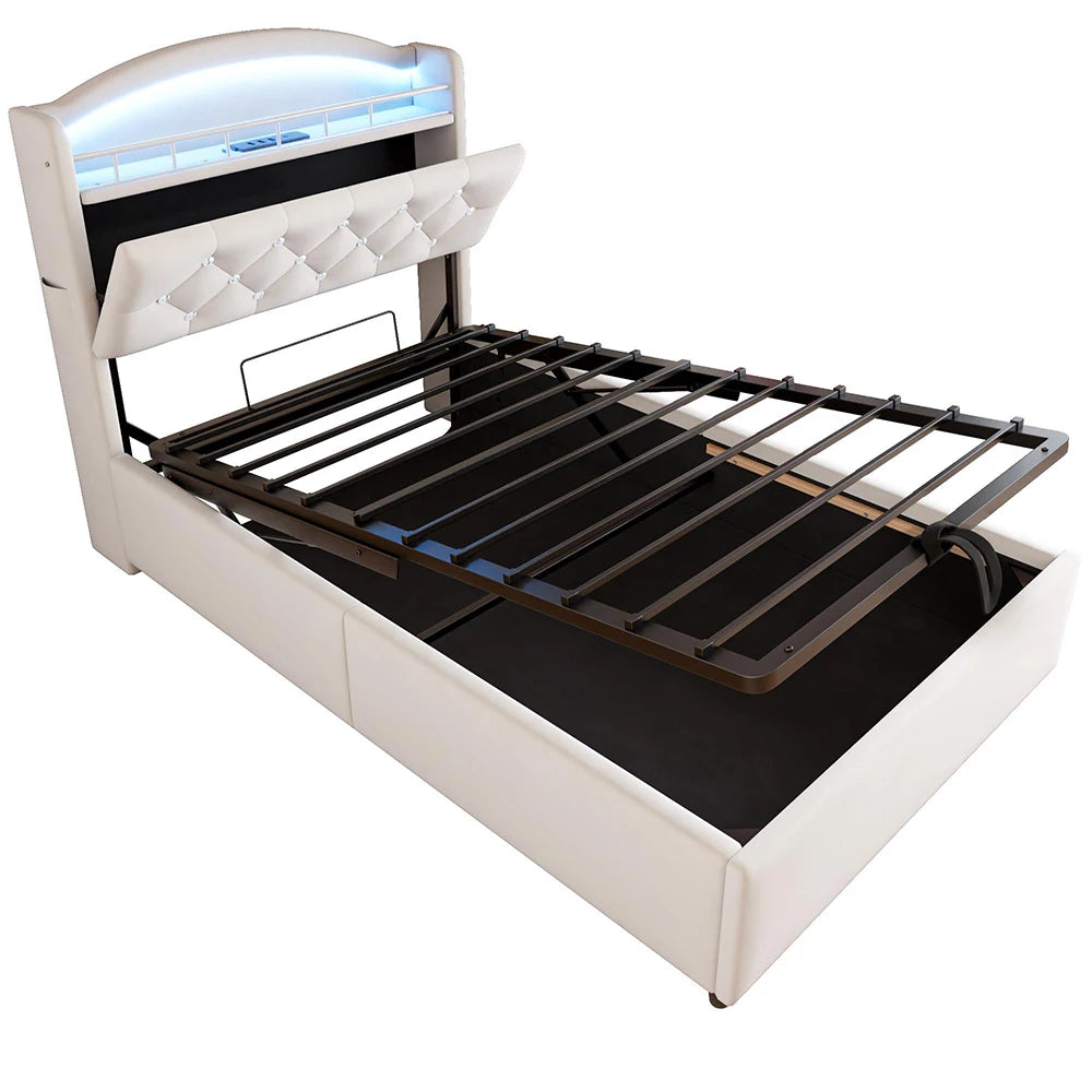 KOMHTOM Kinder Polsterbett 90x200 cm Samt Einzelbett, Multifunktionsbett mit Stauraum, LED und USB