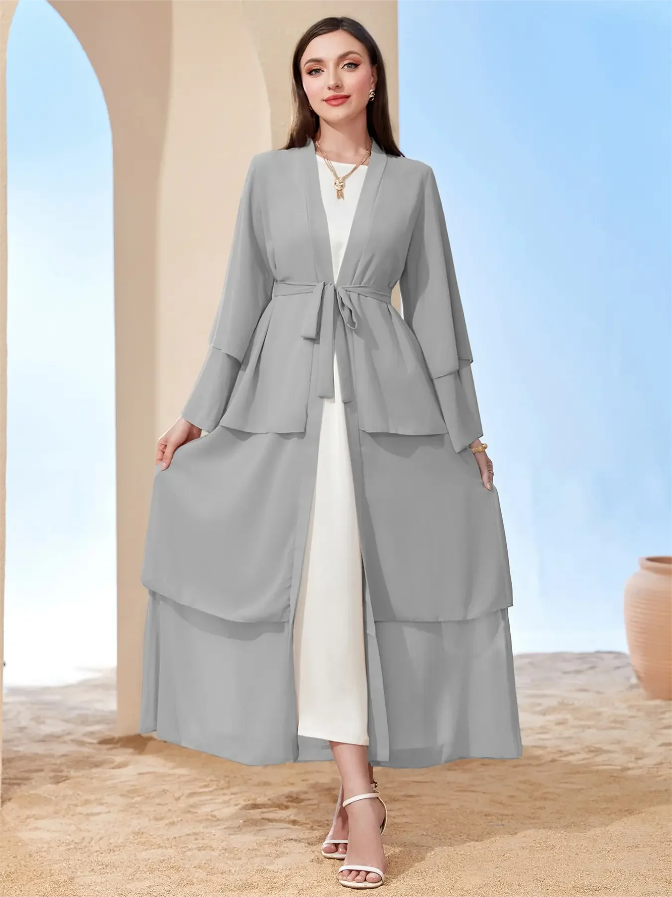 Ramadan kebaya Layered Open Front Abaya, Long Sleeve Dress With Belted , Without Hijab, Women's Clothing